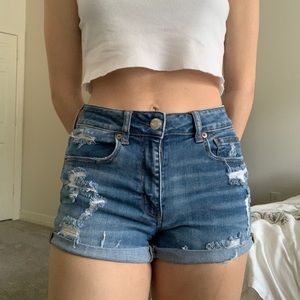american eagle ripped stretch high rise shorts